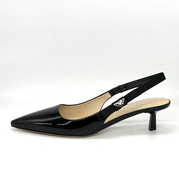 PRADA Triangle Logo Bow Pointed Toe Kitten Heel Slingback Pumps Sandals - Picture 4 of 16